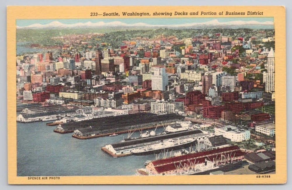 Seattle Washington Docks Business District Aerial View Linen Postcard 1940s
