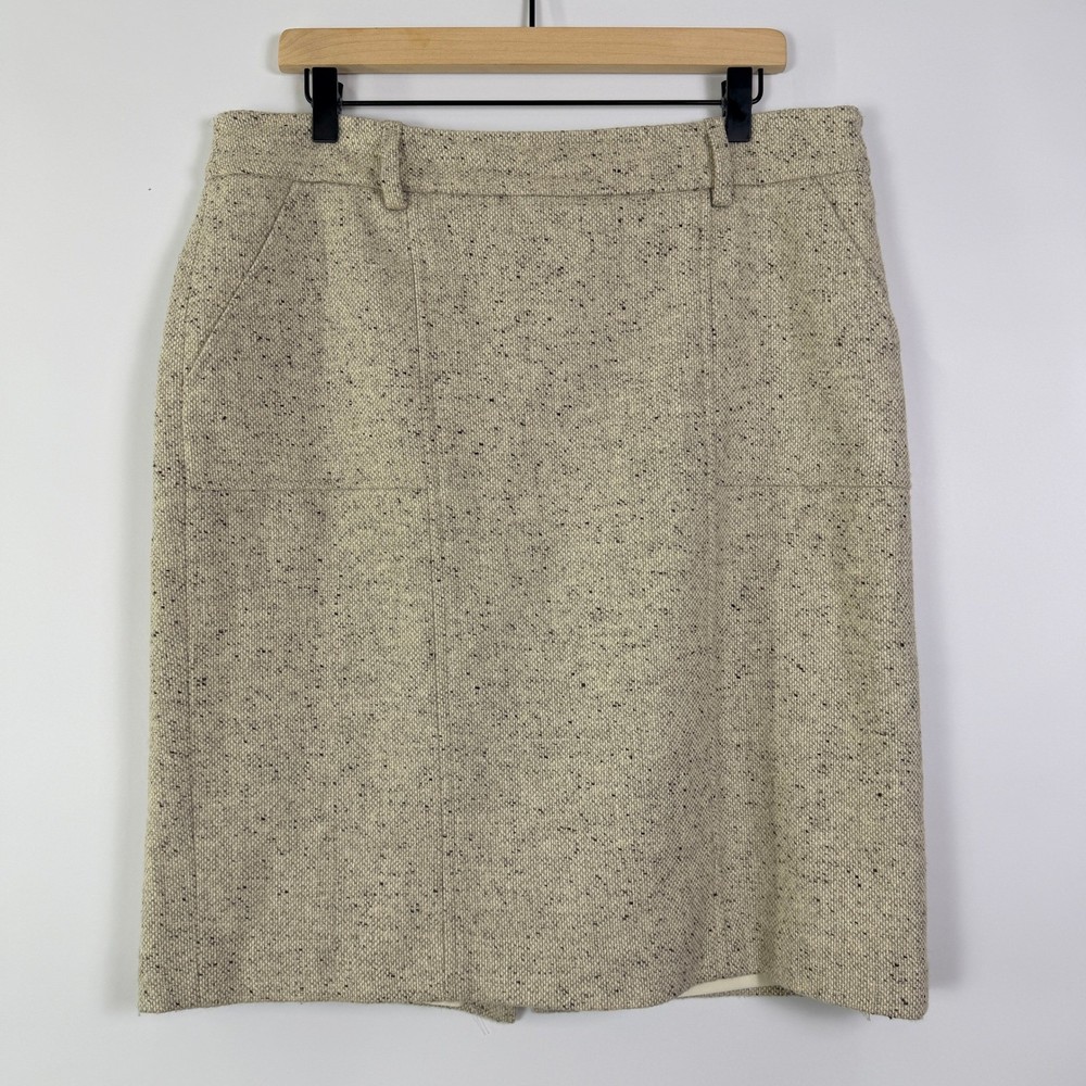 Ann Taylor Tweed Pencil Skirt Womens 14 Beige Black Speckled Lined Knee Length