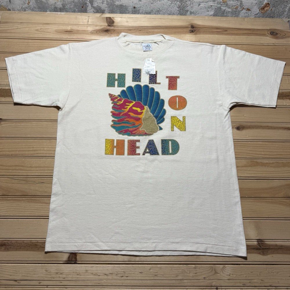 Vintage 90s Hilton Head Seashell Striped Beach Shirt Size Large Single Stitch