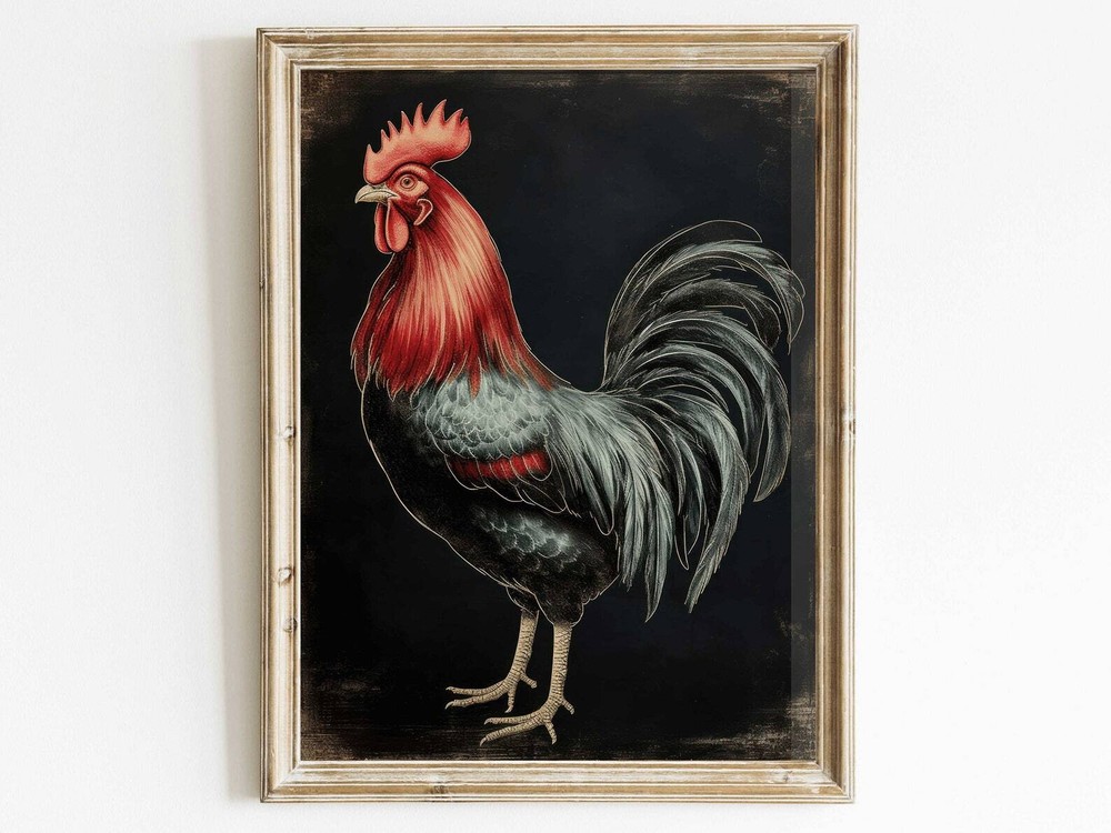 Vintage Rooster Decor Rustic Farmhouse Decor Farm Animal Painting Cock Wall Art
