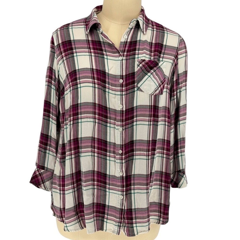 Ava & Viv Button Down Purple Plaid 100% Rayon Shirt 2X