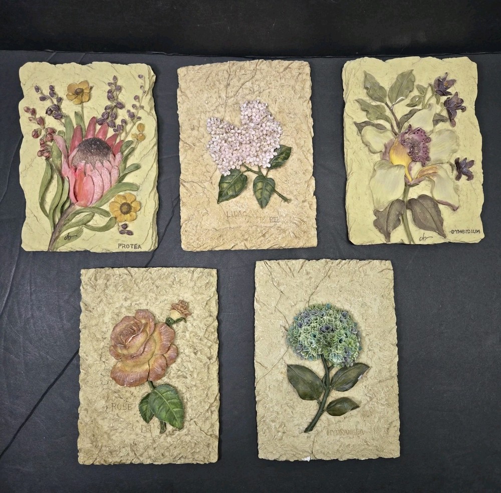 Lot 5 Vintage Cheri Blum 3D Floral Plaques Hand Painted Resin Botanical Wall Art