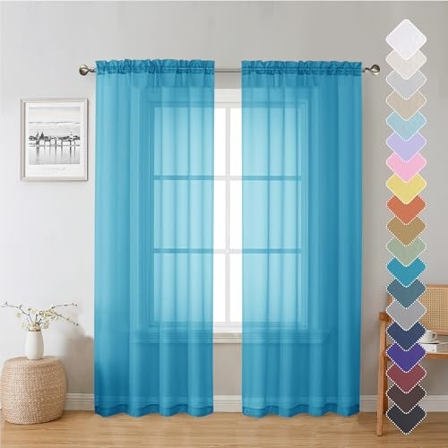 Turquoise Sheer Curtains 72 Inches Long 2 Panels, Light Filtering Voile