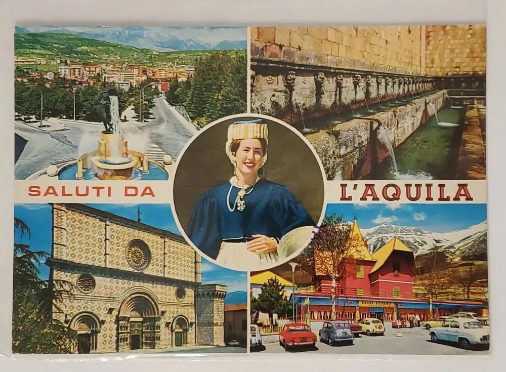 Postcard Saluti Da L'Aquila Abruzzo Italy Collage Points of Interest Posted 1986-image