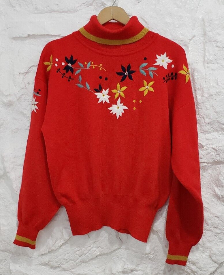 Vintage Obermeyer Lilli Wool Ski Turtlneck Floral Sweater Pullover Women's Sz L