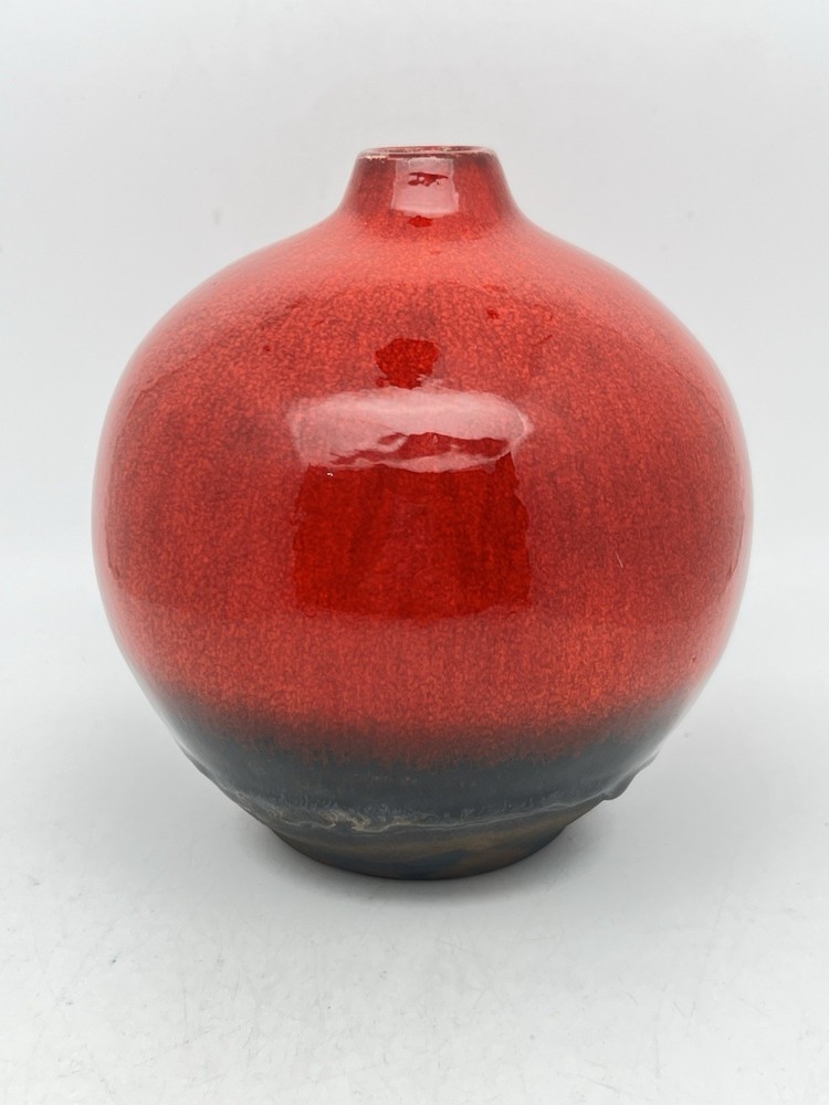 Vintage Crate & Barrel Round Glossy Red & Brown Matte Glaze Bud Vase 5” Tall
