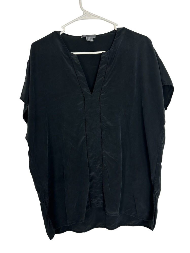 Vince Women's Black V-Neck Silk Sheer Short Sleeve Top Size Medium