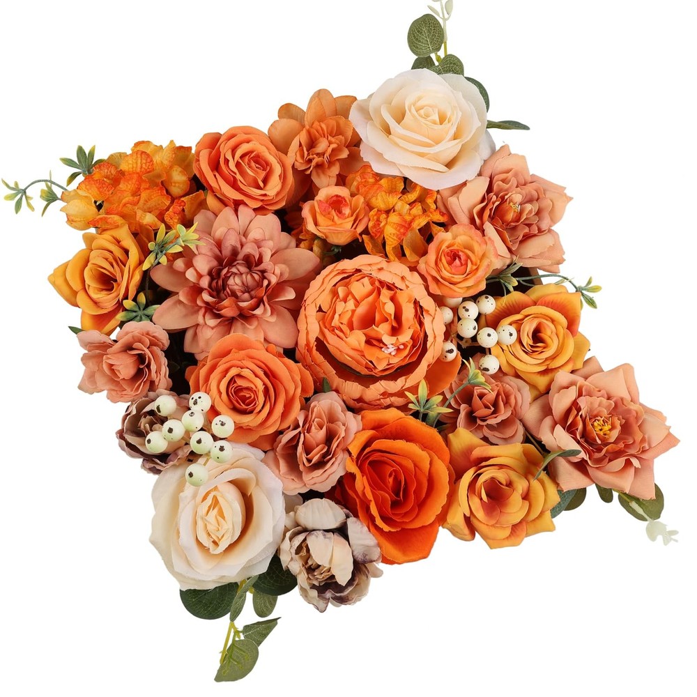 Roses Artificial Fall Flowers Burnt Orange Combo Box Set Faux Flowers Silk Mi...