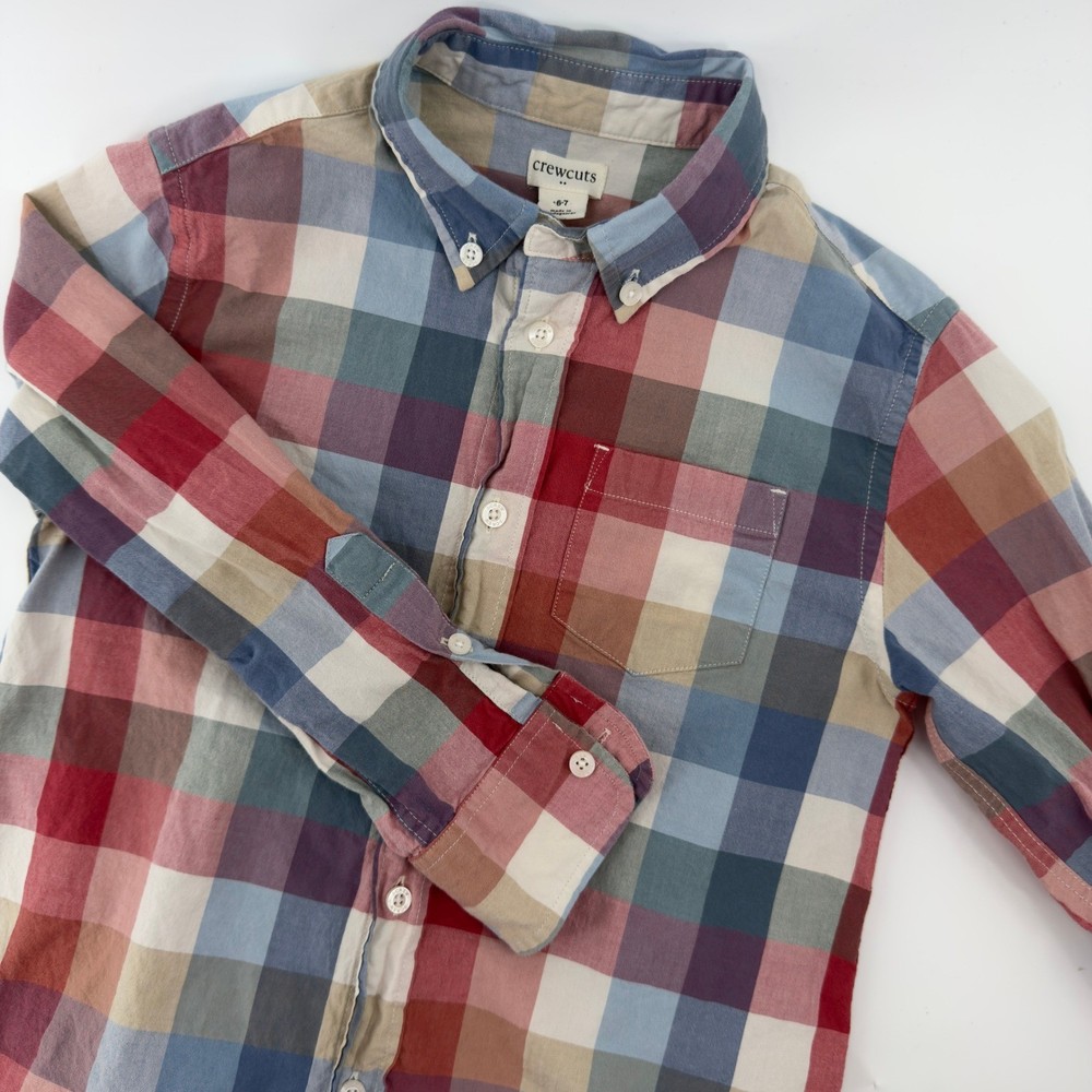 Crewcuts J.Crew Boys Multi Color Plaid Button Down Shirt Size 6-7 Red Blue Tan
