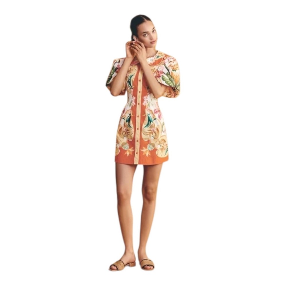 NWT!! Farm Rio x Anthropologie Cotton Puff-Sleeve Button-Front Mini Dress Sz XS