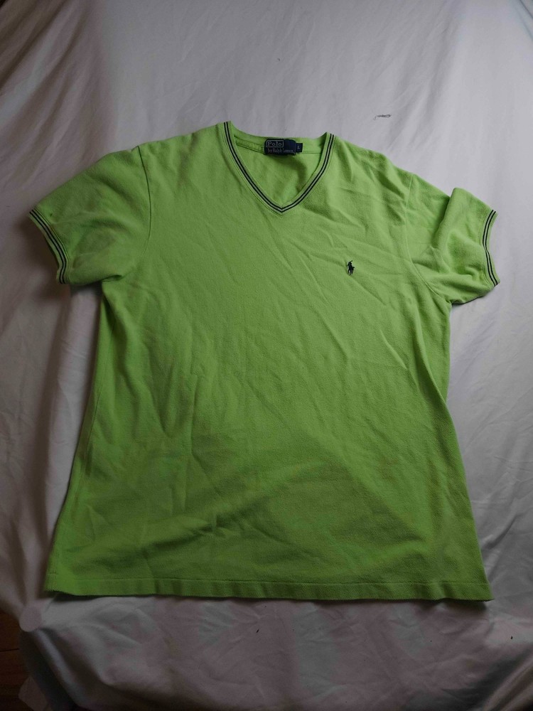 Polo Ralph Lauren T Shirt Mens L Green Embroidered Pony Ribbed Trim 90s V-Neck