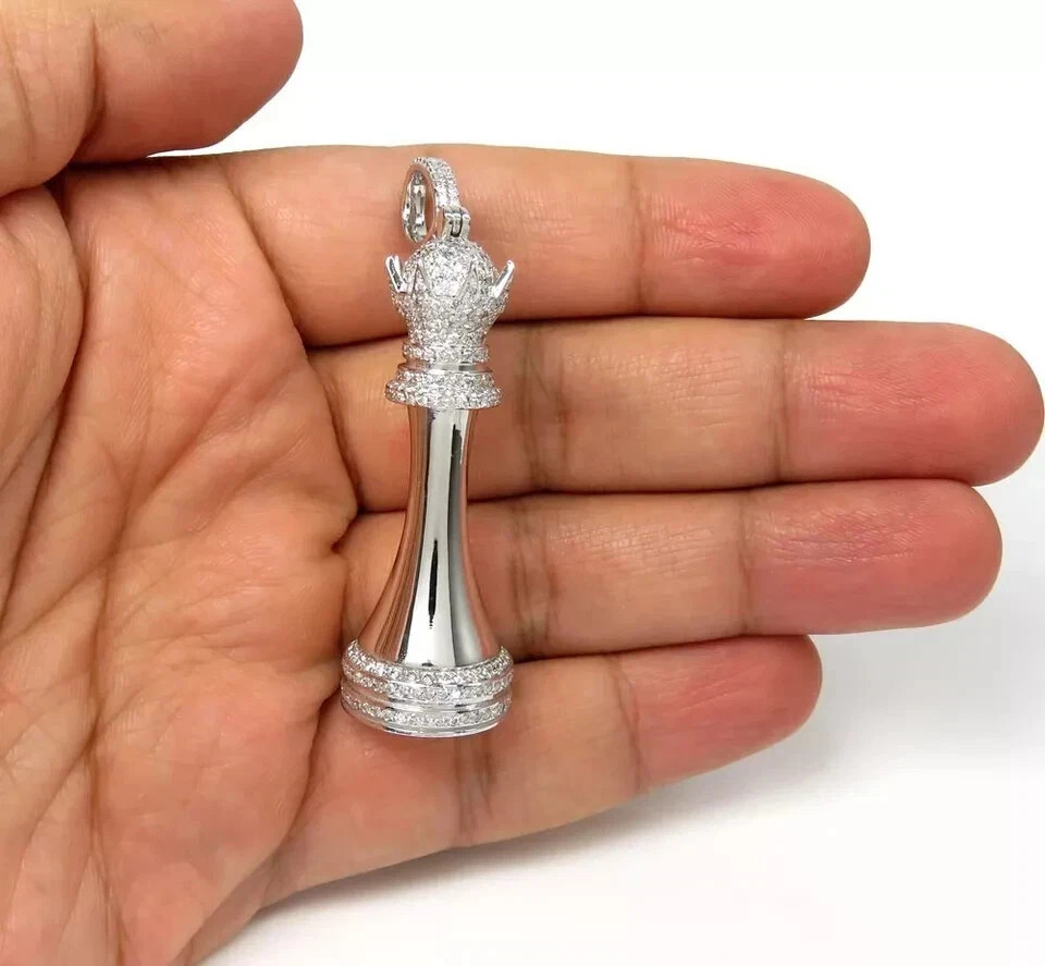 2Ct Natural Real Moissanite Queen Chess Piece Pendant 14K White Gold Plated