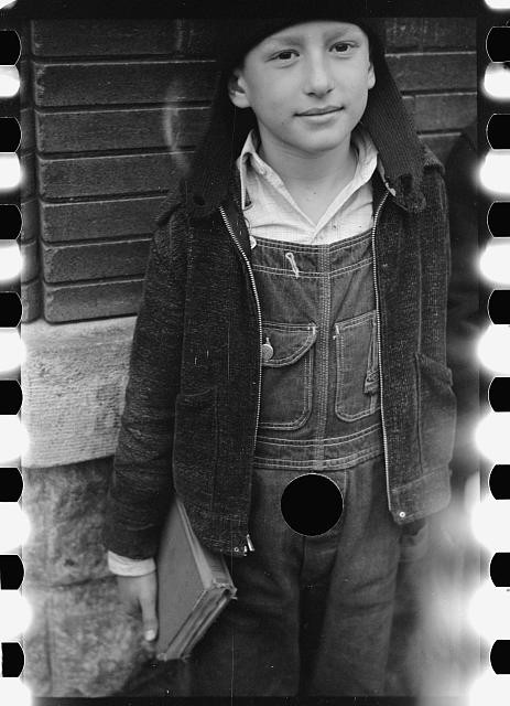 1930s Boy in Overalls Portrait Holding Book Black and White Photograph