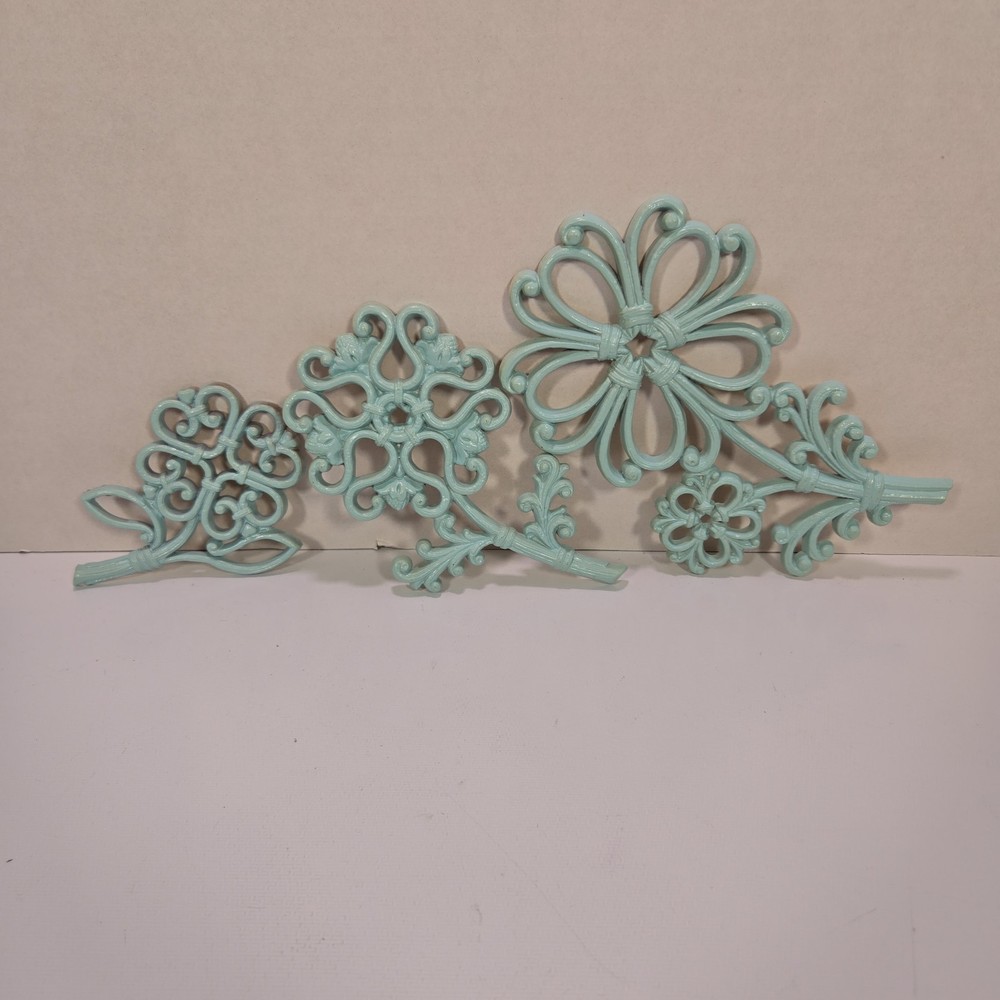 3 Vintage Homco Teal Blue Flowers Wall Hanging Decor