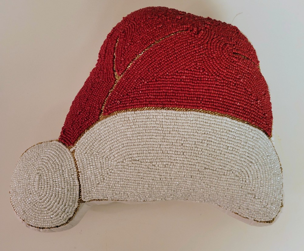 Fully Beaded Christmas Santa Hat Shaped Accent Pillow Holiday At Home 12