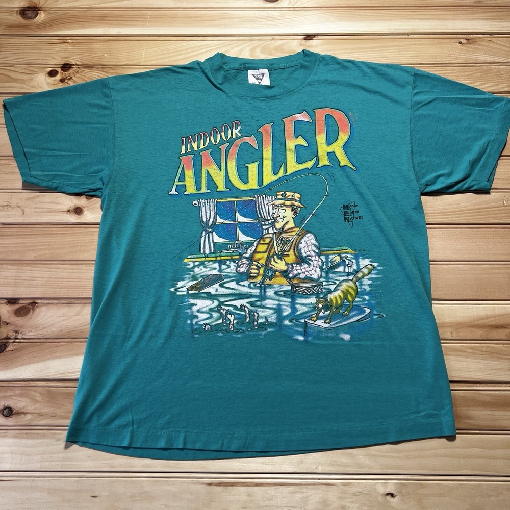 Vintage 1991 “ Indoor Angler ” Funny Fishing Cartoon Humor Shirt Size XL SSI