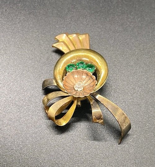 Abstract Art Brooch Pin with Green Rhinestones Enamel Flower Moon Design-image