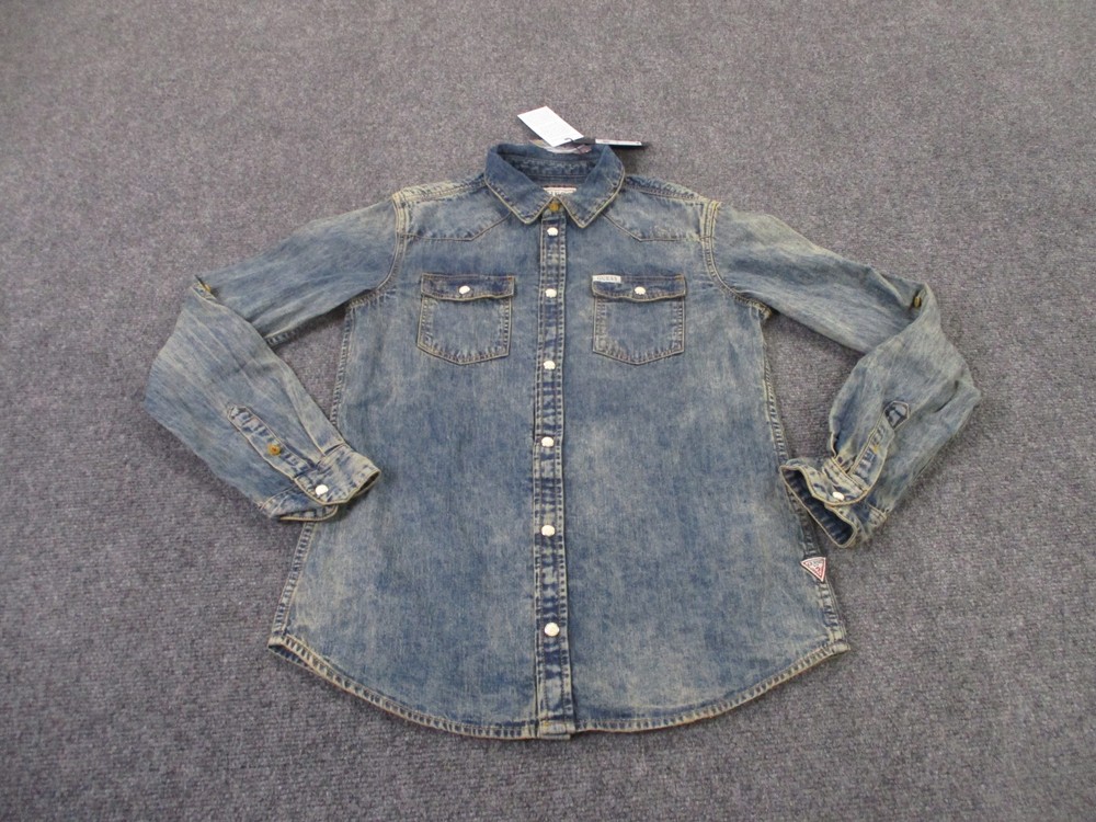 GUESS Shirt Womens 12 Denim Chambray Western Pearl Snap Original Rodeo Logo NEW