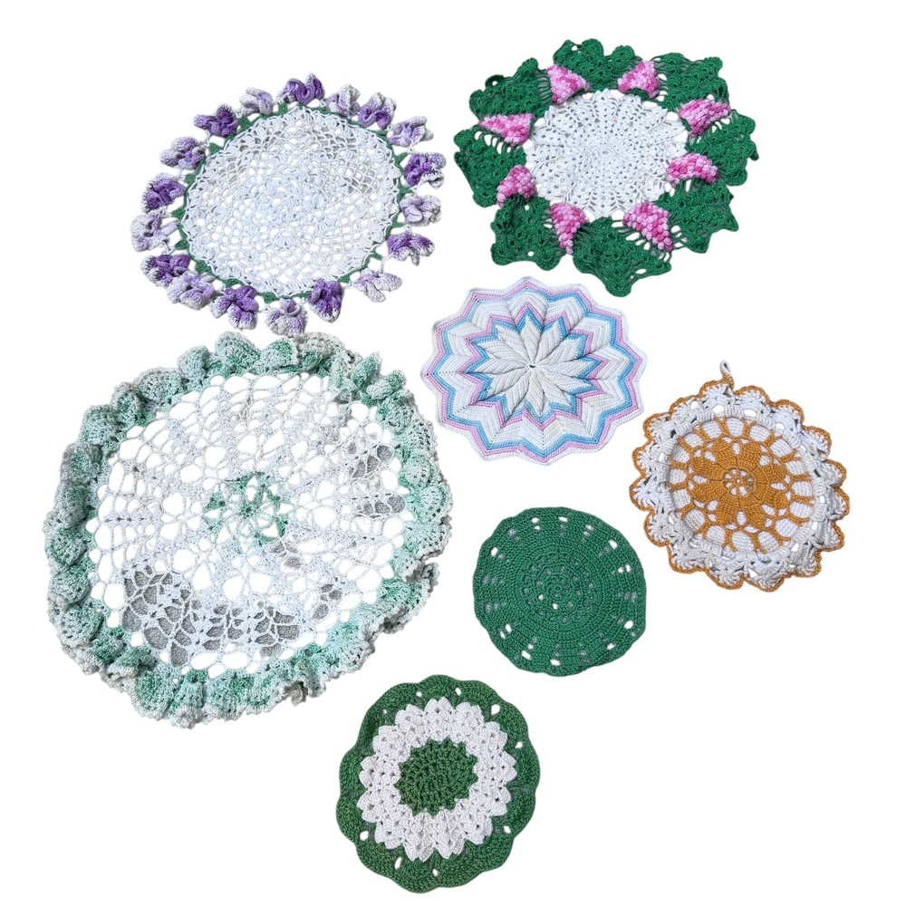 Vintage Handmade Crocheted Lot of 7 Doillies Pot Holder Coasters Multicolor