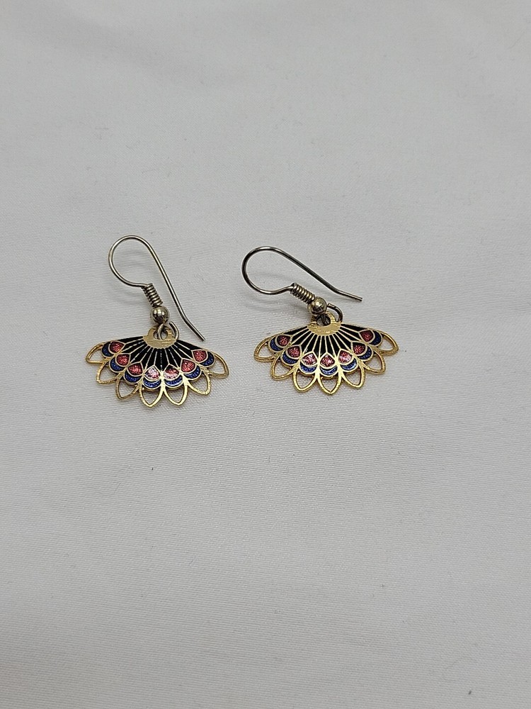 Enamel Earrings Vintage Gold Tone Multicolor Fan Peacock Dangle Drop