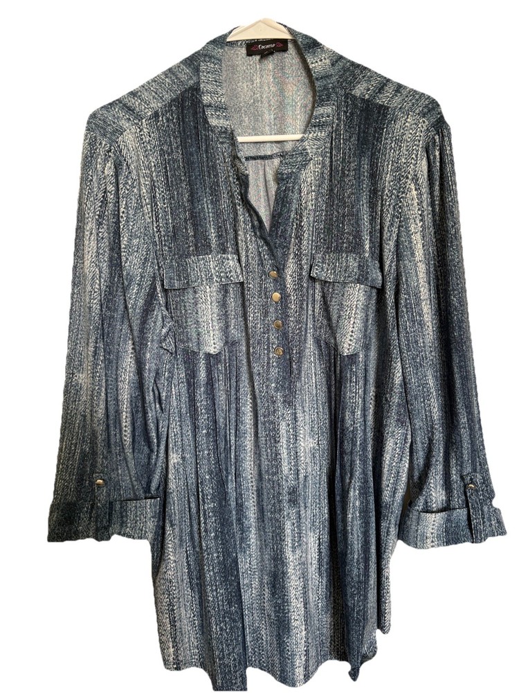 Cocomo Womens XL Blue Abstract Print Roll Tab Short Sleeve Blouse Top