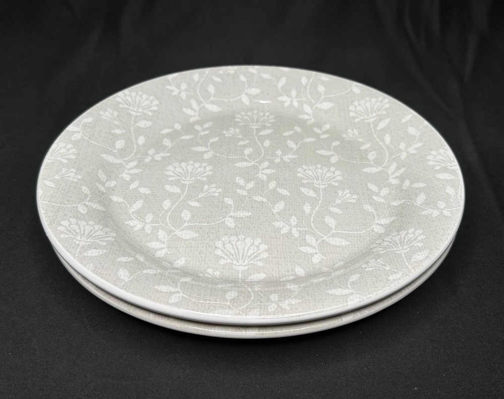 Pier 1 Off White Taupe Floral 2-Piece Ironstone Salad Plates 8 7/8”