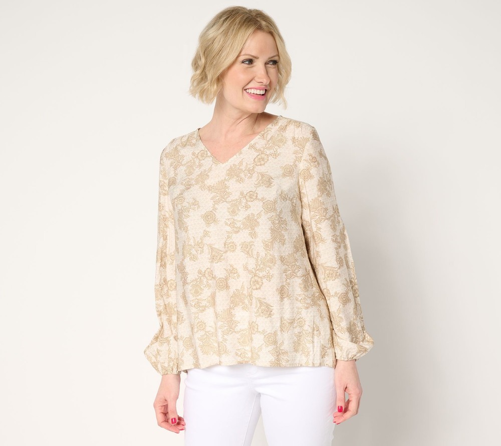 Peace Love World Women's Top Sz XL Boheme Printed Pleat Back Blouse White
