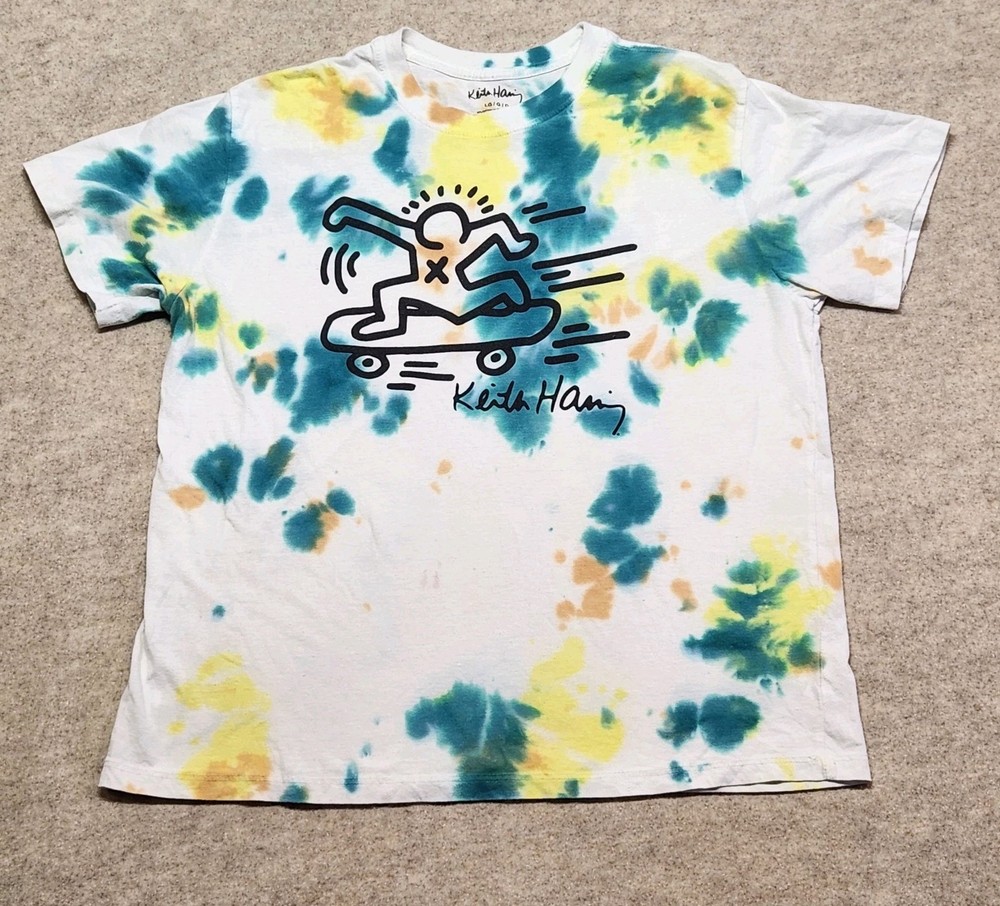 Keith Haring Men’s Large Tie Dye Graphic T-Shirt Skateboard Art White Blue