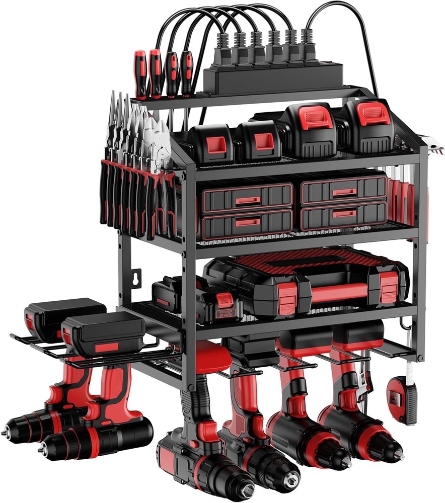 Wall Mount Power Tool Organizer with 4-Tier Storage Rack and Charging Station  