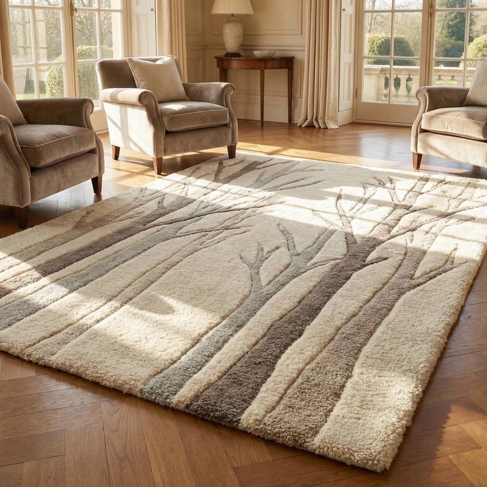 3D Carved Rug, Hand-Tufted Wool Rug, Tree of Life Decor, Modern Minimalist Area