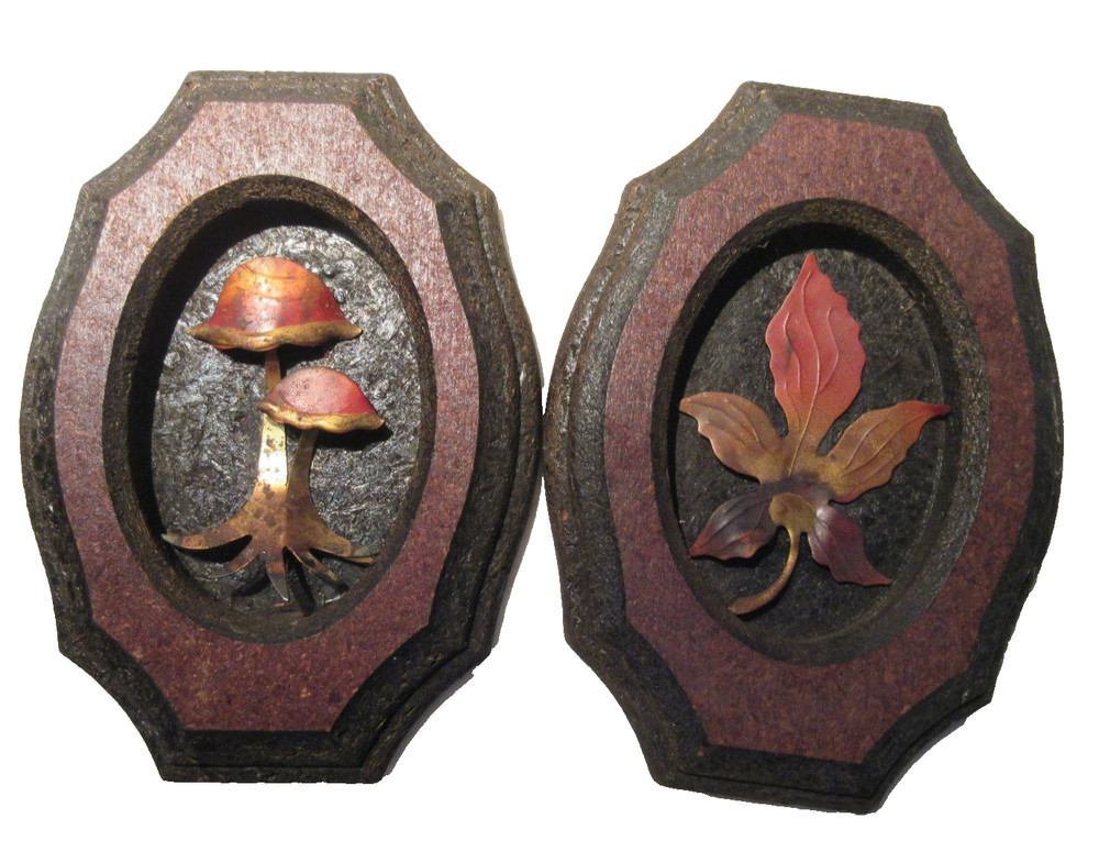 Vintage 70s Wall Art Lot 2 MCM 3D Copper Pressed Wood Mushroom & Leaf Decor