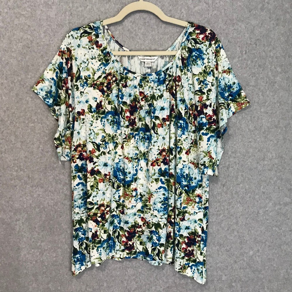Counterparts Top Womens Large Blue Floral Blouse Flowy Church Career Cottage