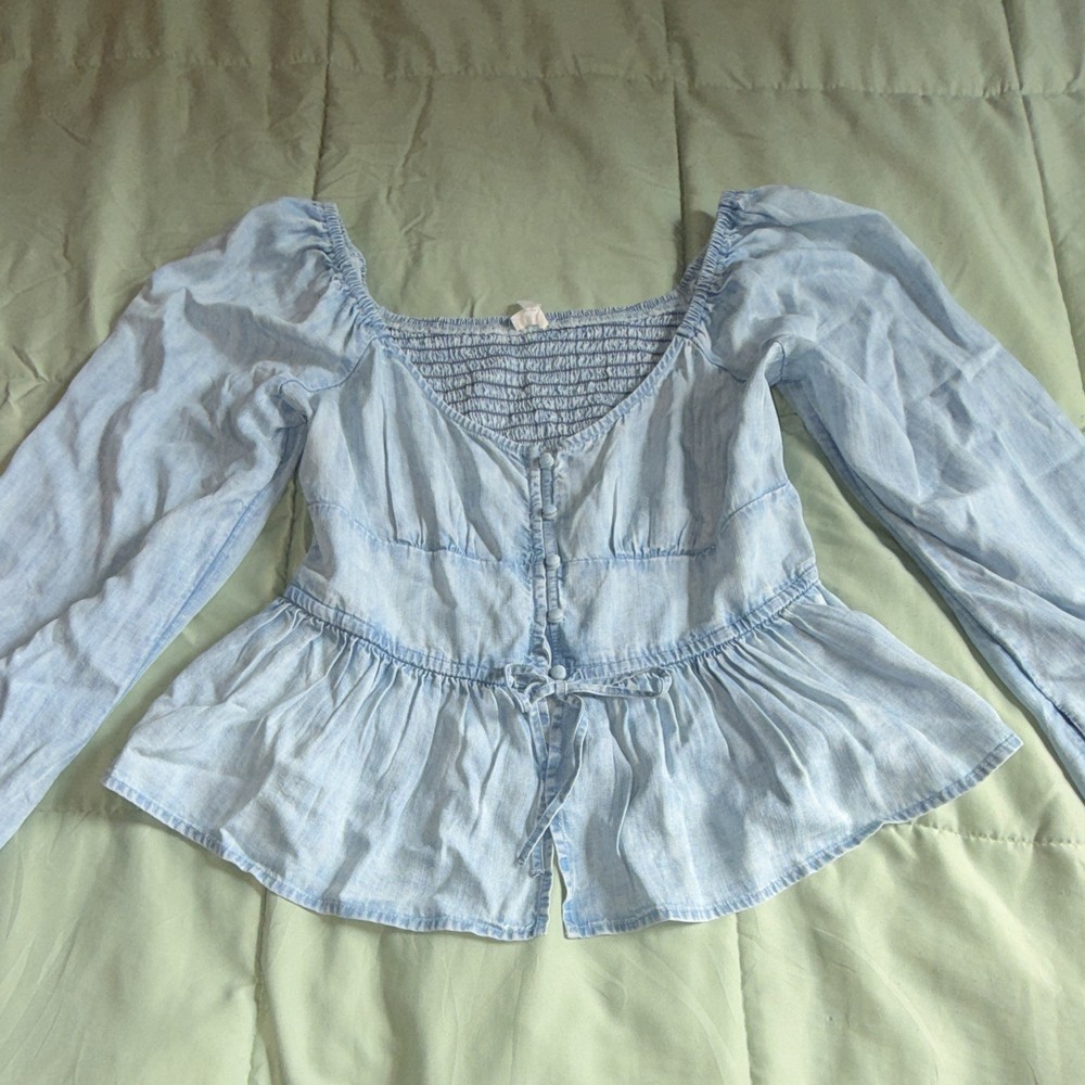 Aerie Blue Smocked Square Neck Puff Sleeve Button Front Peplum Blouse Size L