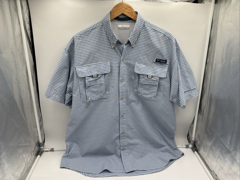 Columbia PFG Super Bahama Men’s Medium Blue Plaid Short Sleeve Fishing Shirt