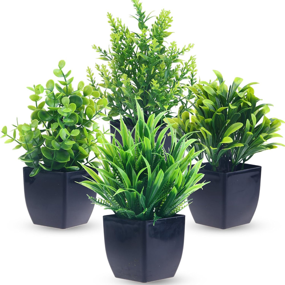 4 Pack Fake Plants in Black Pot Mini Artificial Eucalyptus Potted Plant Small Fa