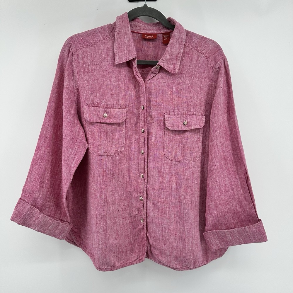 Valerie Stevens Women Button Shirt Top Blouse Size XL Pink 100% Linen