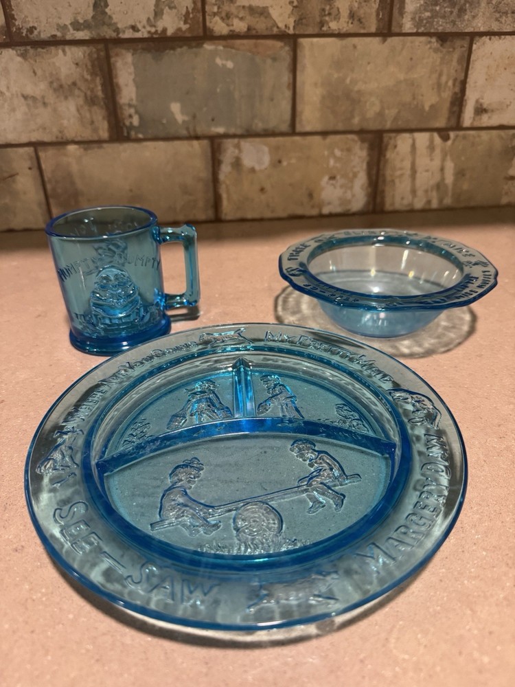 Tiara Indiana Glass Blue Nursery Rhyme Plates Glass Bowl Plate Set