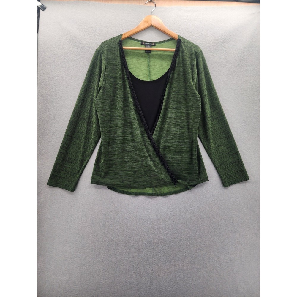 Suzie in the City Vintage Green Space Dye Layered Look Fringe Trim Top XL Y2K