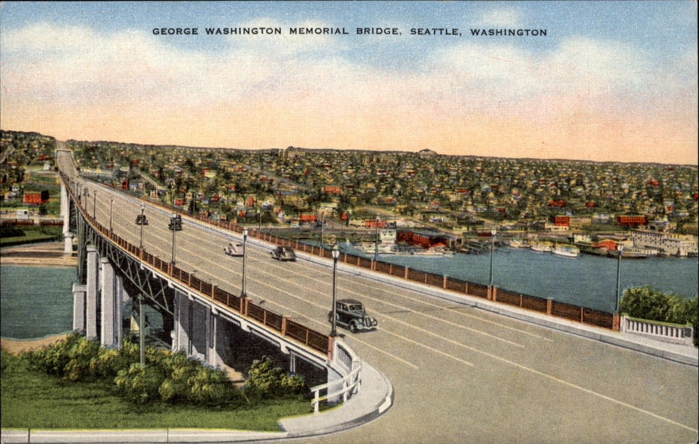 George Washington Memorial Bridge Seattle Washington cars ~ 1940s linen postcard