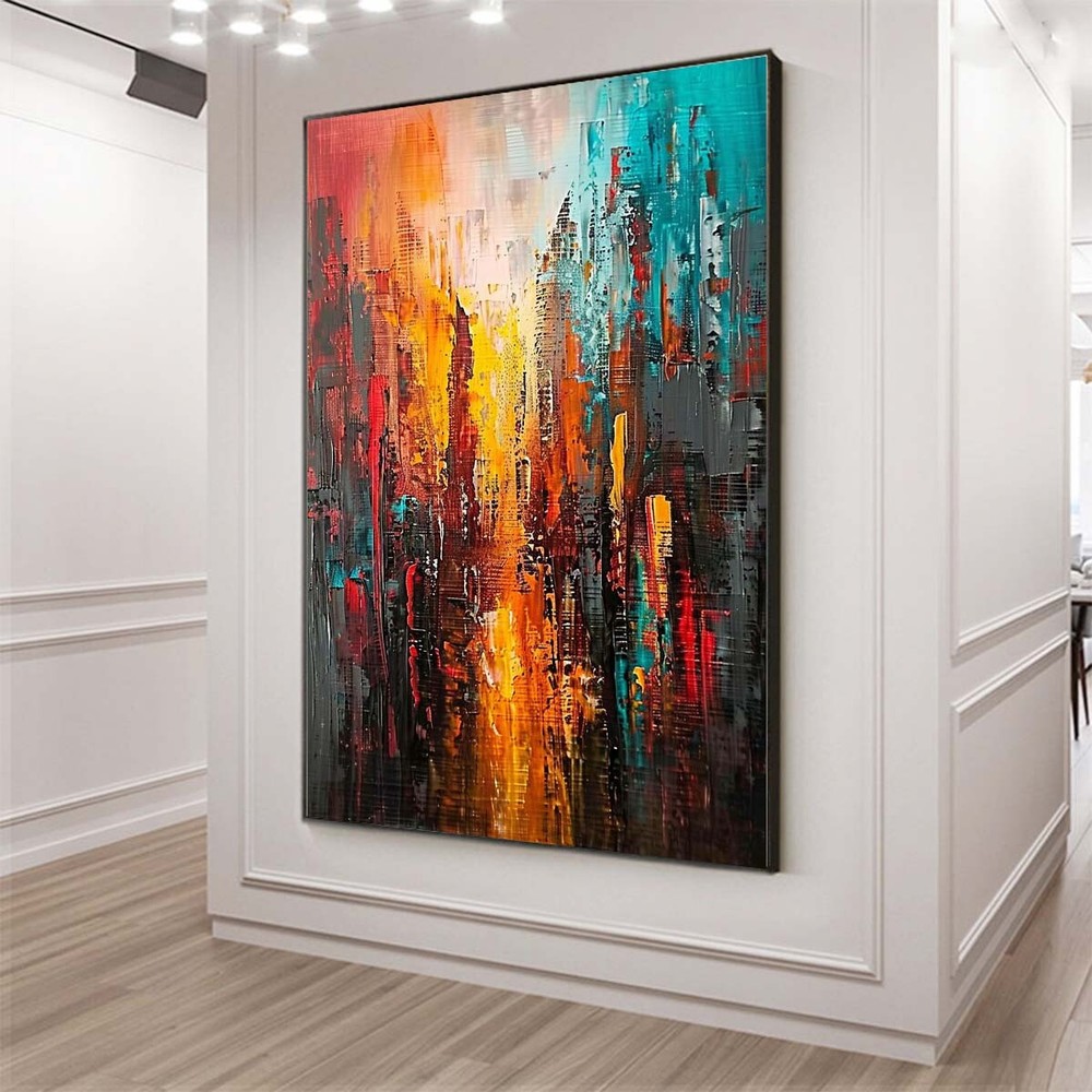 Hand-Painted Oil Painting on canvas Modern Red Wall Art Abstract streetscape