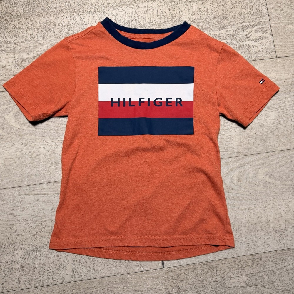 Tommy Hilfiger Boys Size 4 Orange Logo T Shirt Flag Graphic Short Sleeve