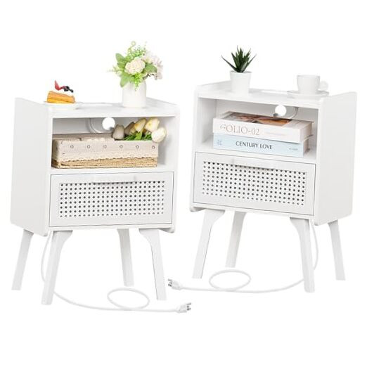 Rattan Nightstands set of 2 with Charging Station, Side Table 2 pack White
