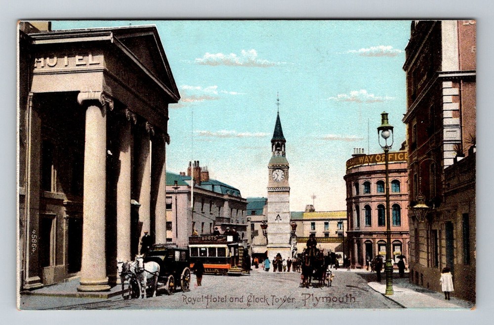 England- Plymouth Royal Hotel Clock Tower Street Scene Old View Vintage Postcard