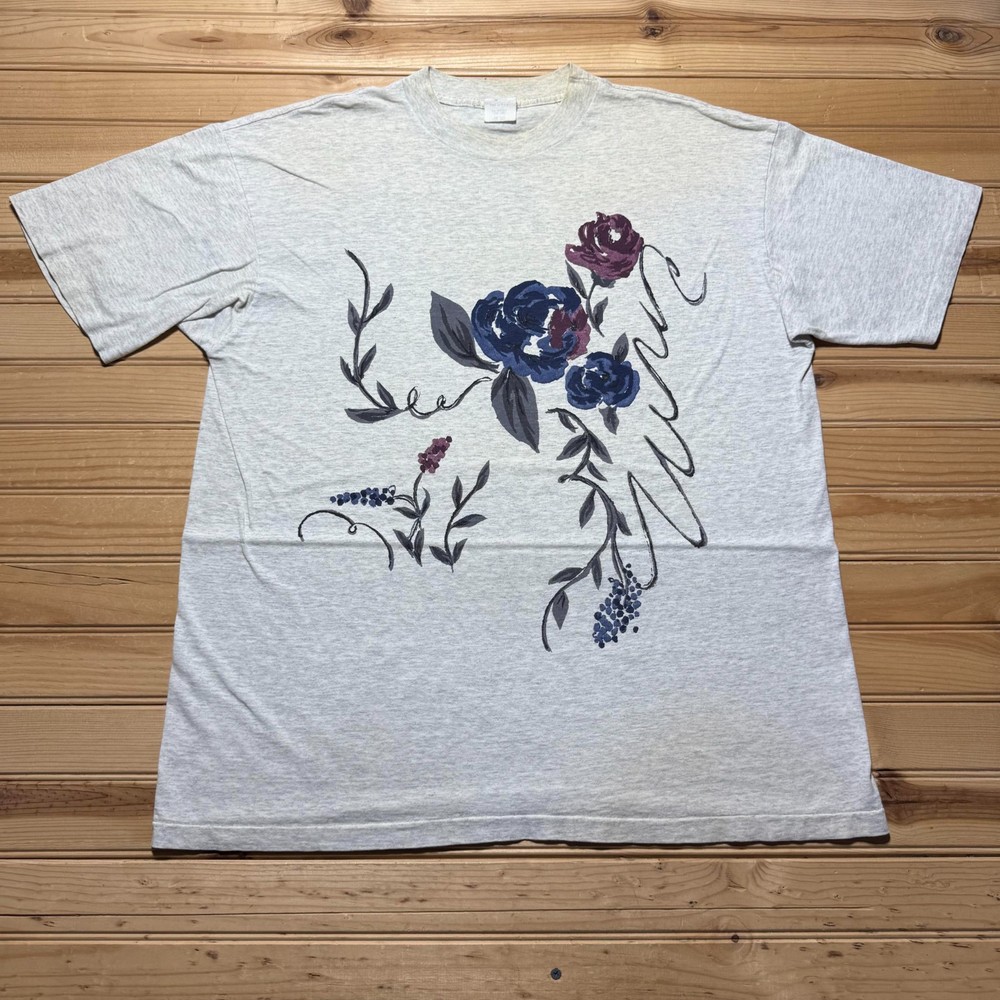 Vintage 90s Blue Purple Roses Floral Single Stitch Graphic T-Shirt USA One Size