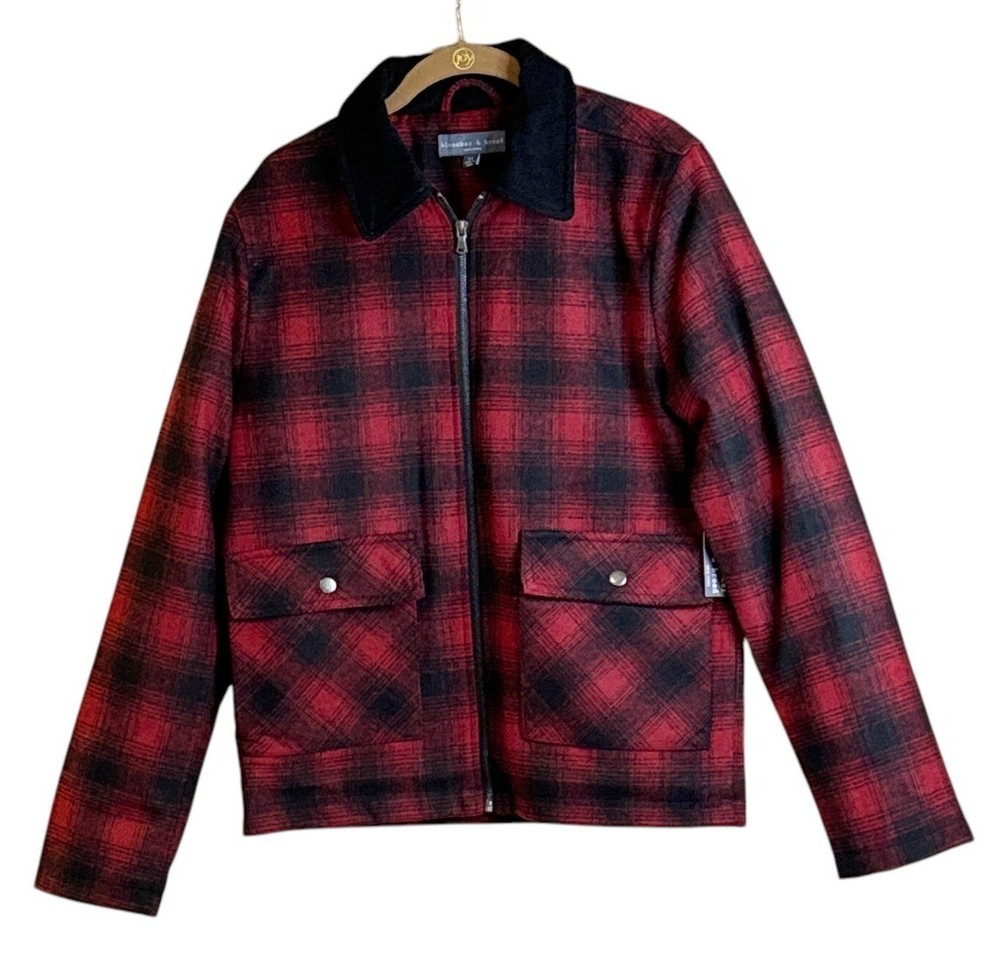 Bleecker & Broad New York Plaid Front Jacket Red BlackZip Snap Pockets Sz XS NWT