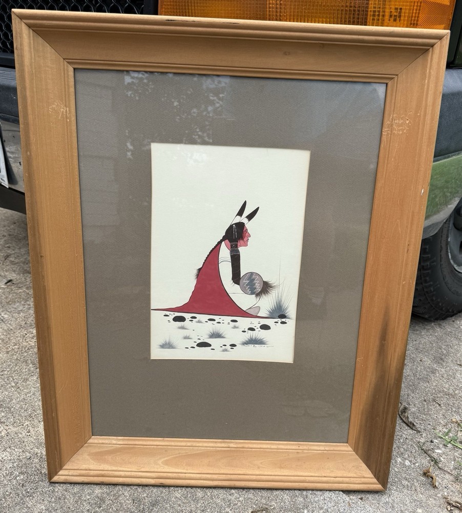 Woody BigBow Big Bow Kiowa Gouache Signature Painting Seated Indian Framed Wood