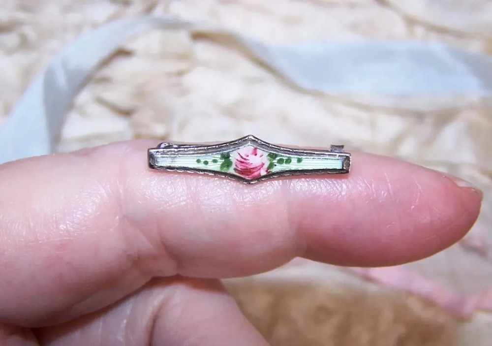 Antique Edwardian Sterling Silver Enamel Bar Pin Brooch - Pink Rose with Leaves