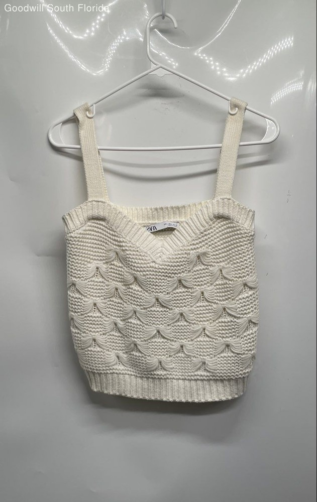 Zara Womens White Sleeveless Sweetheart Neck Knitted Cropped Tank Top Size L