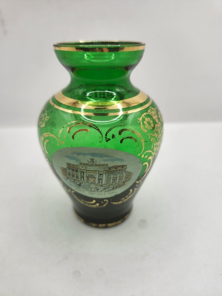 Vintage Vecchia Murano Emerald Green with 24K Gold Vase