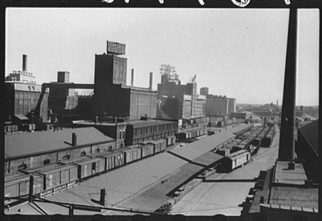 Flour mills,railroad cars,Minneapolis,Minnesota,MN,September 1939,John Vachon